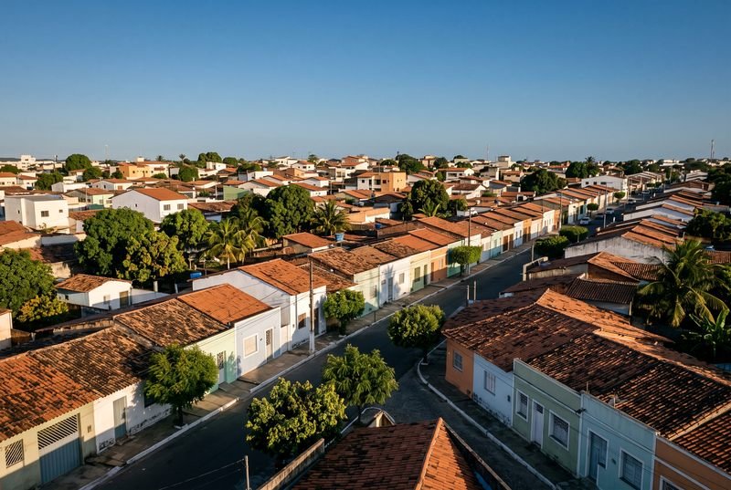 Bairro de casas térreas com telhados de barro, visto do alto, no fim da tarde
